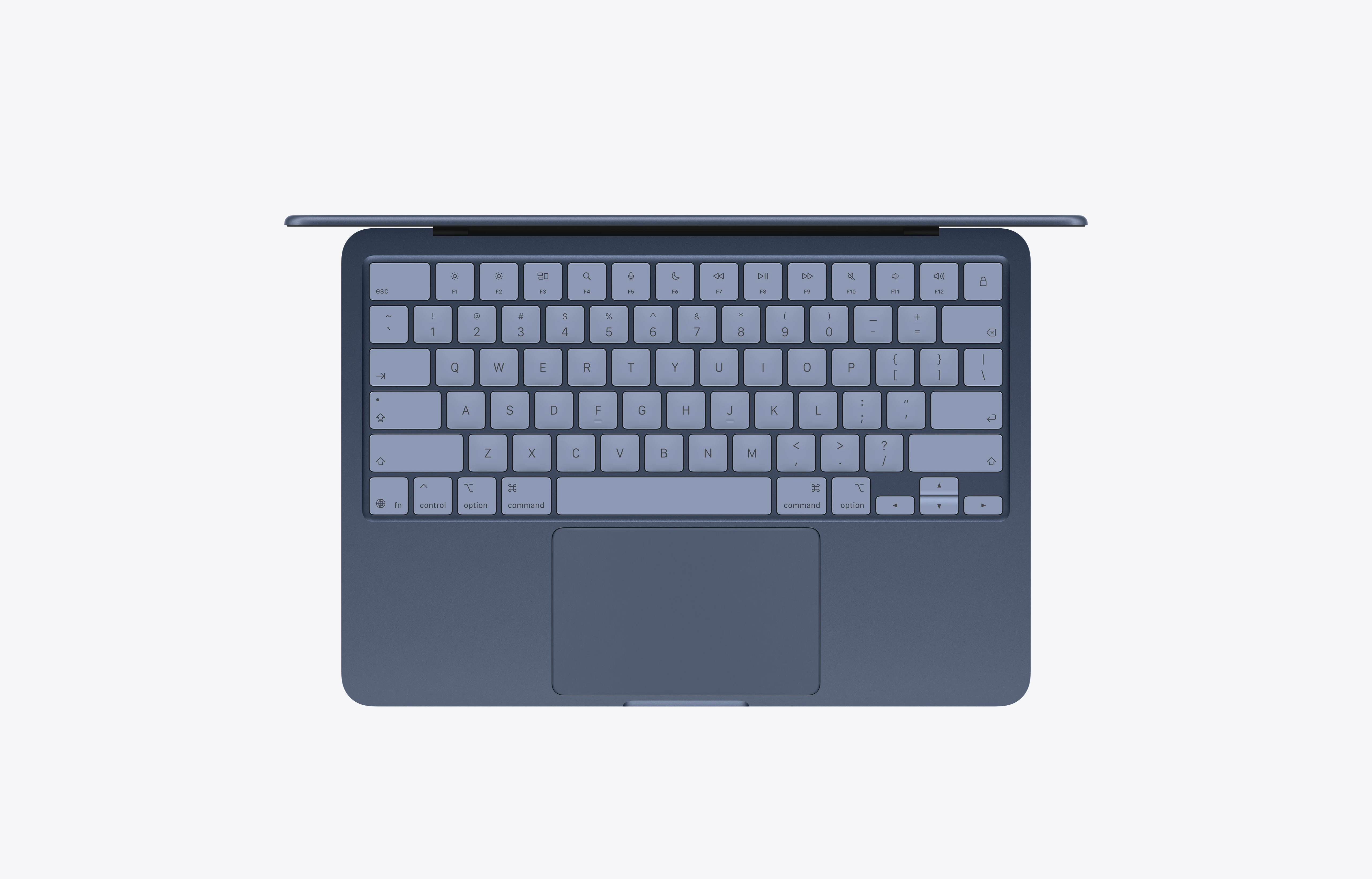 Indigo MacBook Neo keyboard and trackpad